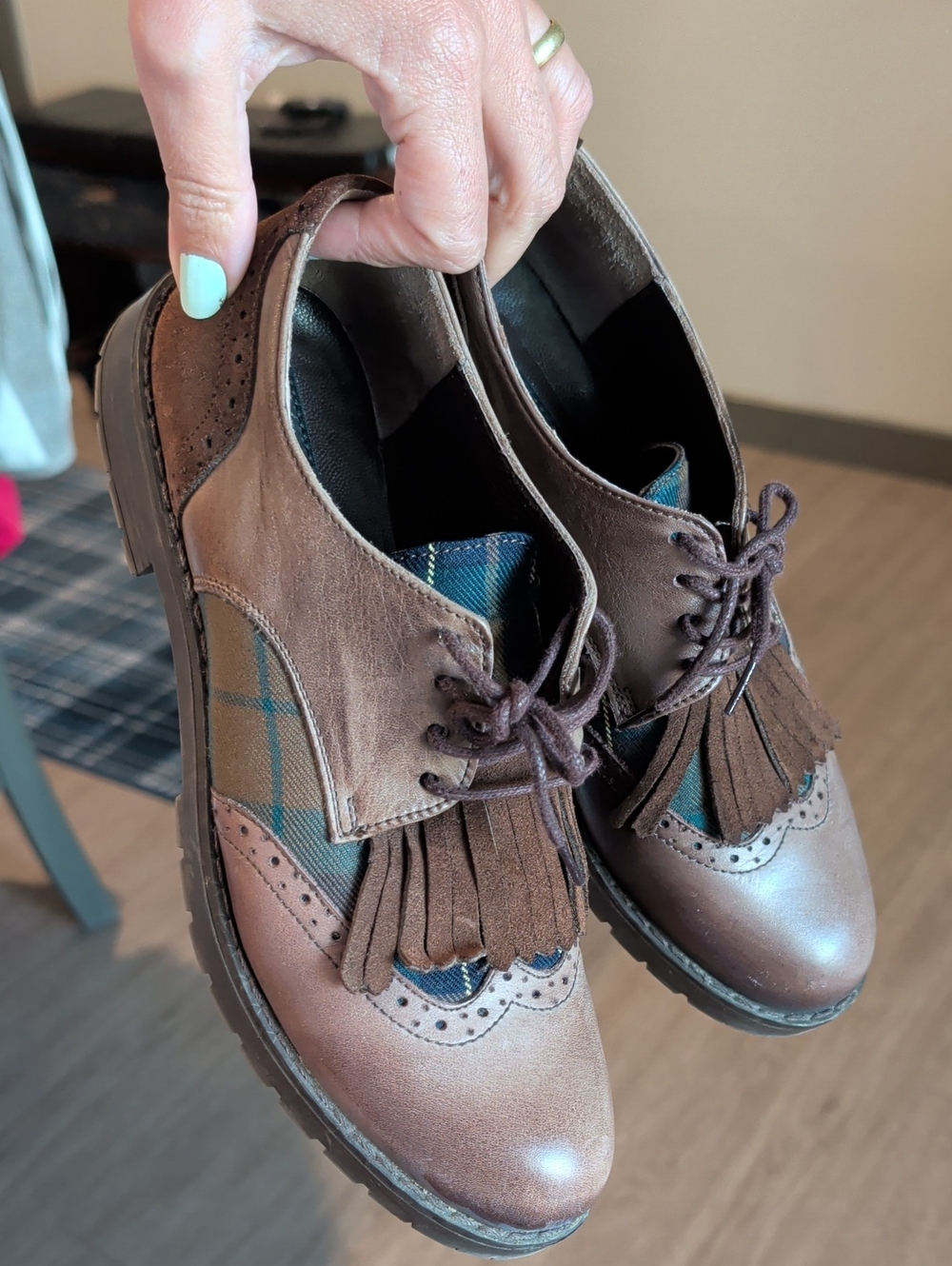 Brown Leather Brogue Oxfords with Plaid Insets